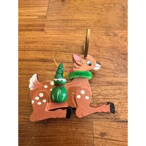 Vintage Wooden Christmas Reindeer With Wreath Around Neck Tree Ornament